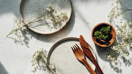 Elegant Rustic Table Setting Featuring Ceramic Plates, Wooden Cutlery, and Delicate White Flowers on a Marble Tabletop in Soft Natural Light