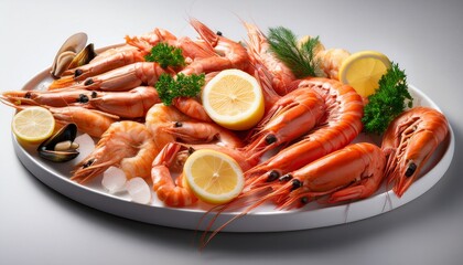 fresh seafood platter with prawns shrimp and lemon on a white plate