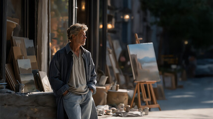 Street Scene with Mural and Admiring Artist