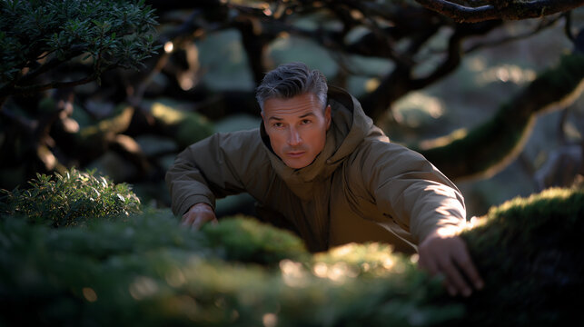 A man climbing in a forest with fallen trees and soft light
