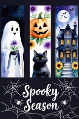 Obraz premium Watercolor Halloween illustration with smiling ghost holding flower, jack o lantern pumpkin, black cat, haunted house with glowing lights, full moon, bats, sunflowers, spider webs and spooky text