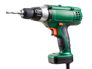 Green Cordless Power Drill with Orange Accents and Screw Bit power tool cordless drill isolated on a transparent background