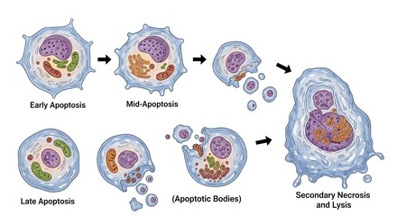 Scientific diagram illustrating the stages of apoptosis, from early changes to secondary necrosis and cellular lysis