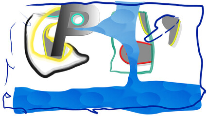 Sfondo bianco con forme astratte di vari colori e con la lettera p