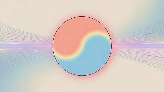 Abstract oval shape with red and blue gradient against a blurred background with light streaks