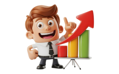 Happy cartoon businessman character presenting upward trending growth chart and red arrow isolated on transparent background