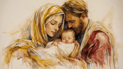 Holy family embracing newborn baby jesus in watercolor painting