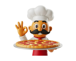Friendly cartoon chef character holding a delicious pepperoni pizza and giving an ok gesture isolated on transparent background