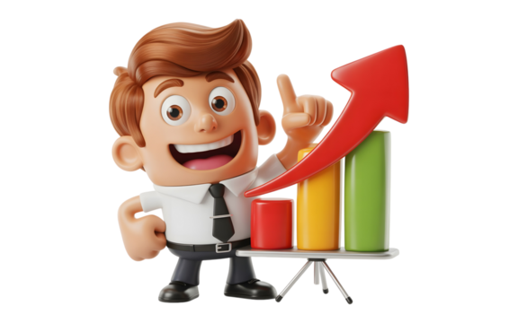 Happy cartoon businessman character presenting upward trending growth chart and red arrow isolated on transparent background