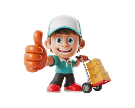Friendly cartoon delivery man with thumbs up and a scooter carrying packages isolated on transparent background