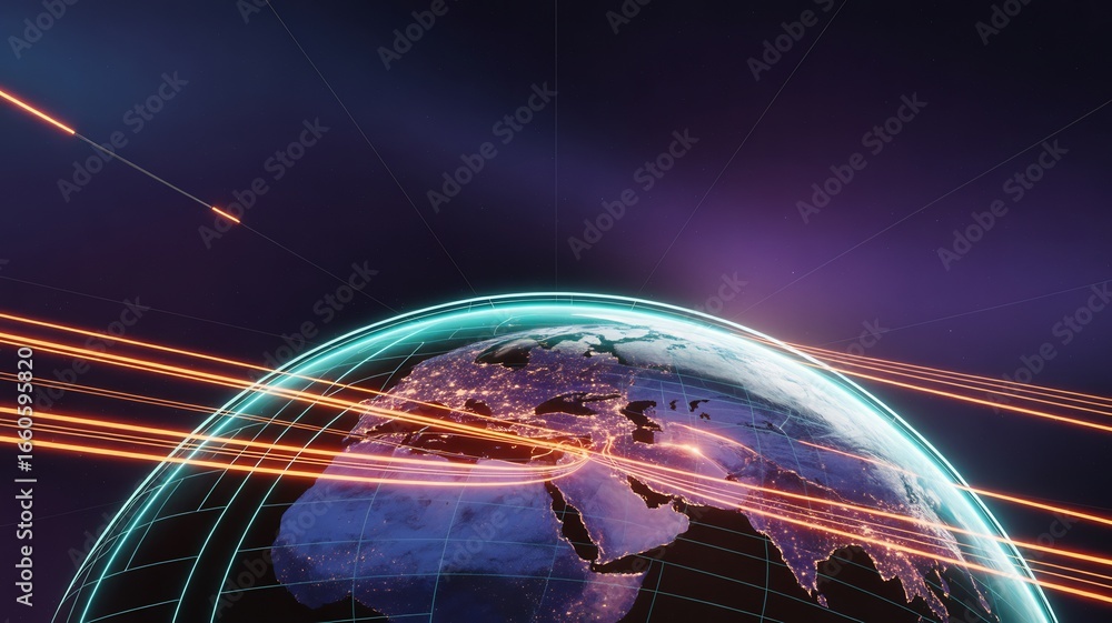 Poster futuristic digital globe with glowing light trails representing global connectivity and data transfe