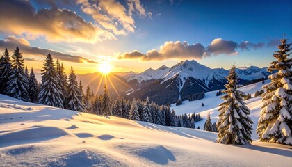 Winterlandschaft in den Bergen mit Sonne