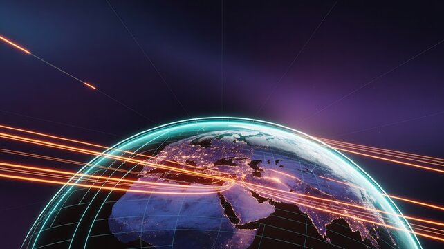 Futuristic digital globe with glowing light trails representing global connectivity and data transfer