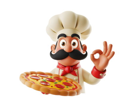 Friendly italian chef character holding a delicious pepperoni pizza and giving an ok gesture isolated on transparent background - Powered by Adobe
