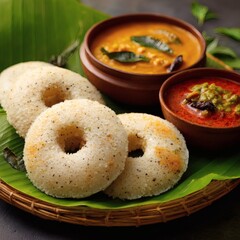 Traditional South Indian Breakfast Idli and Medu Vada with Sambar and Chutney on Banana Leaf 
