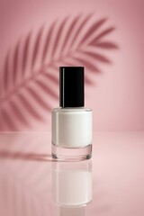 White nail polish bottle on pink background with palm leaf shadow. beauty product shot for cosmetics branding, skincare