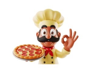 Friendly cartoon italian chef character holding a delicious pepperoni pizza and giving an ok hand gesture isolated on transparent background