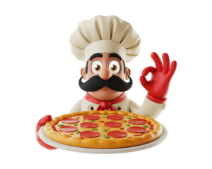 Cartoon italian chef character holding a delicious pepperoni pizza and giving an ok gesture isolated on transparent background