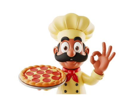 Friendly cartoon italian chef character holding a delicious pepperoni pizza and giving an ok hand gesture isolated on transparent background