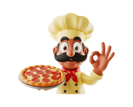 Friendly cartoon italian chef character holding a delicious pepperoni pizza and giving an ok hand gesture isolated on transparent background