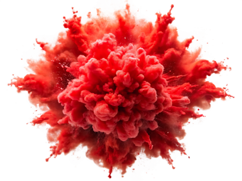 Intense Red Powder Cloud Exploding with Fine Particles on Transparent Background isolated on a transparent background