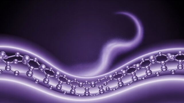 Abstract representation of a glowing purple dna helix with a wispy smoke like element rising from the center