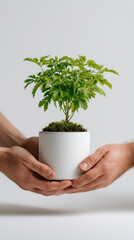 Two hands gently pass a vibrant green plant in a white pot, showcasing the joy of sharing nature. The background is bright and minimalistic, enhancing the focus on the plant