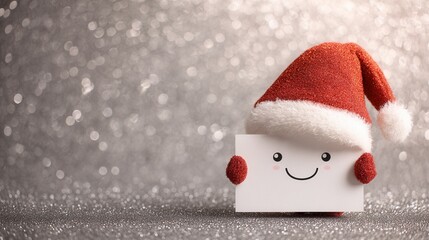 A cute character wearing a red Santa hat holds a blank card. The background is sparkling silver, creating a festive atmosphere.