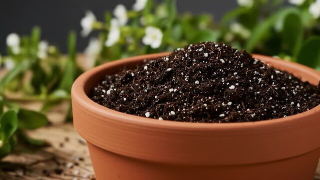 Pot of soil ready for planting in a lush garden setting for sustainable growth and gardening concepts