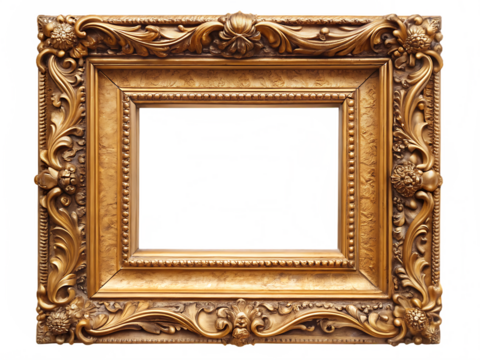 Ornate Gold Picture Frame with Decorative Flourishes and Empty Center antique isolated on a transparent background - Powered by Adobe