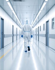 Person in PPE walking down a clean room