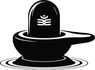 Stylized black and white illustration of a shiva lingam with a trishul symbol