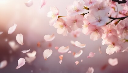 Fototapeta premium softly illuminated cherry blossom petals falling against a gentle background
