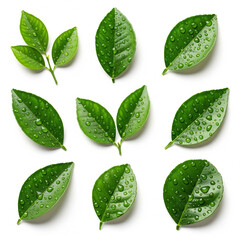 A vibrant and fresh collection of assorted citrus leaves, each displaying its rich green color and unique shape, adorned with delicate water droplets copy