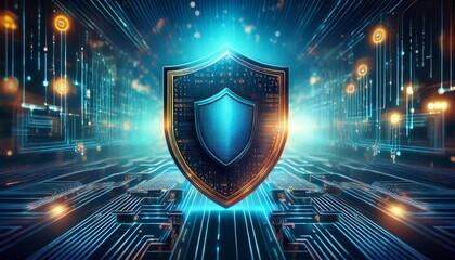 a digital shield symbolizing cybersecurity amidst a network of data streams
