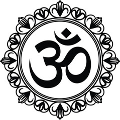 Ornate oval frame surrounds the sacred om symbol in black and white