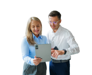 Colleagues people collaborating on a digital project while engaging joyfully