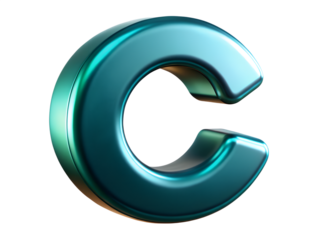 3d illustration of a shiny, metallic teal letter c, rendered in 3d, symbolizing communication and branding, isolated on a transparent background