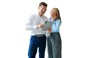 Business team engaged in a lively discussion while using digital technology 