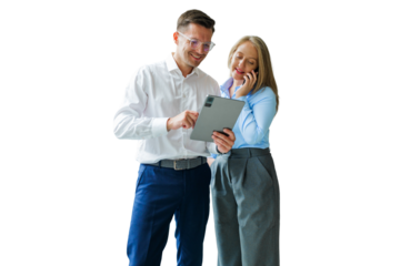 Business team engaged in a lively discussion while using digital technology 