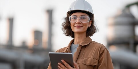 Caucasian female engineer with tablet in industrial setting