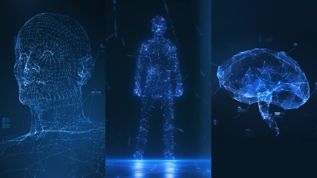 Futuristic Digital Visualization Of Human Head, Body And Brain Made Of Glowing Networks, Representing Artificial Intelligence, Neuroscience, Virtual Reality And Advanced Technology.
