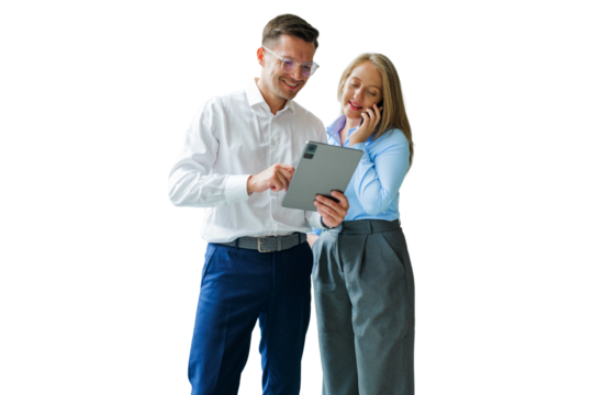 Business team engaged in a lively discussion while using digital technology 