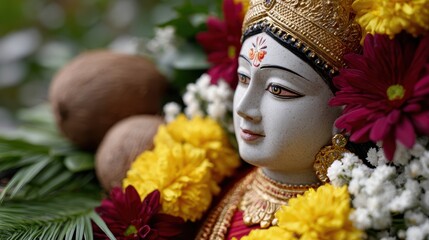 indian cultural festival, shiny durga idol in gold jewelry colorful attire, with fresh flowers, coconuts, glowing diyas