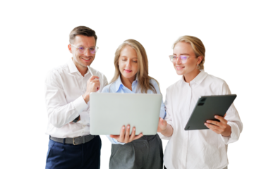 Group people of professionals collaborating around a laptop