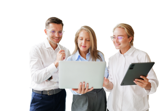 Group people of professionals collaborating around a laptop