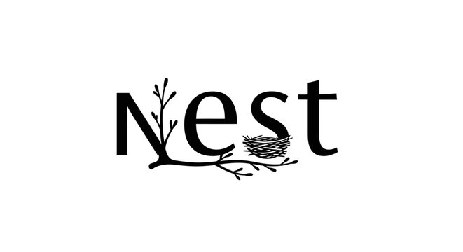 Creative black wordmark Nest with a stylized tree branch and a small birds nest graphic.