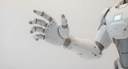 Robotic arm reaching out in a futuristic 3d rendering style