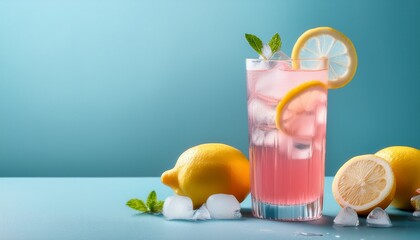 refreshing pink lemonade with ice and lemon slices on light blue background