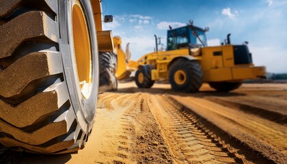 closeup of a large yellow construction vehicle tire with dirt and other construction vehicles blurred in the background